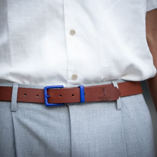 ceinture cuir marron made in france boucle bleue