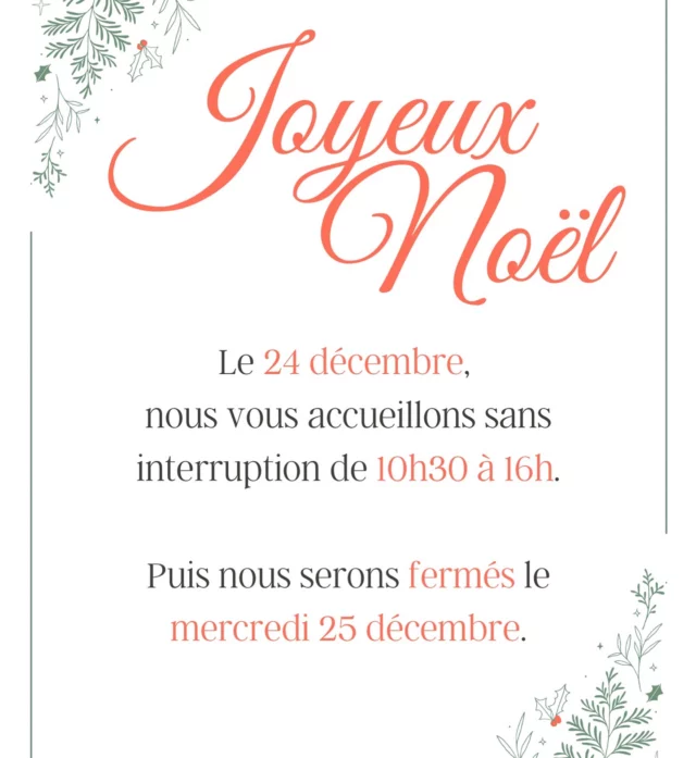 Demain mardi 24 decembre 🎄, nous vous accueillons pour vos derniers cadeaux de 10h30 à 16h ! 🎁
.
Puis nous serons fermés, le mercredi 25 décembre mais nous vous accueillons de nouveau les 26, 27 et 28 décembre 🥳 avant de fermer une semaine du 30 décembre au 5 janvier. Belles fêtes à vous !! 🤩
